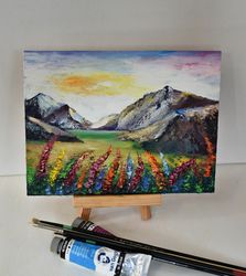 Mountain fine art. Landscape of forest and mountains with oil paints. Miniature for the collection