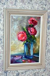 Pink roses in a vase, still life. Miniature painting. Flower painting