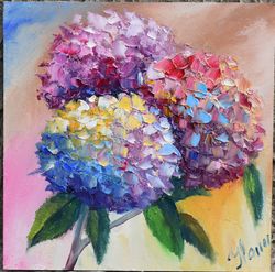 Floral painting of blue and pink flowers. Floral decor art for interior