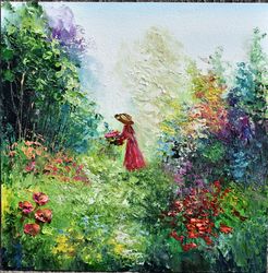 Forest glade girl with wildflowers Landscape oil painting.