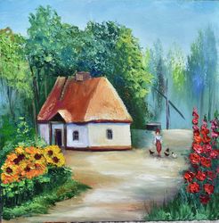 Landscape of a rural house with sunflowers.