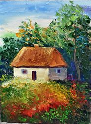 house with flowers miniature art oil painting