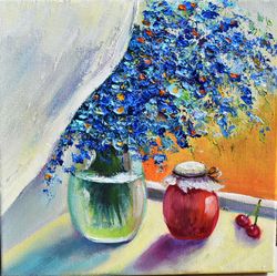 Blue flowers still life, oil painting. Art for wall