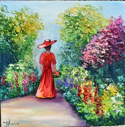 Girl with flowers, oil painting. Garden with flowers art.