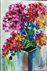 Bright flowers, still life with oil paints, palette knife painting