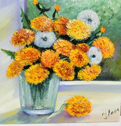 yellow sunny dandelions, oil painting. Floral decor art for interior