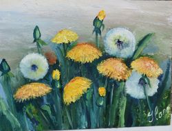 dandelions spring landscape, oil painting
