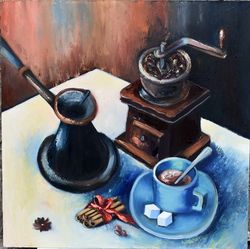 Coffee still life with a coffee grinder and a cup of coffee, oil painting