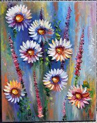 Bright white daisies, abstract oil painting