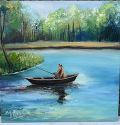 fisherman on morning fishing. landscape oil painting