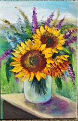 Sunflower still life in nature. Sunflowers in the interior sunny oil painting.
