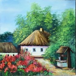 house in the village with flowers, oil painting