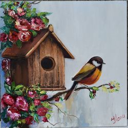 Spring painting, bird near the nest, landscape oil painting Bird oil painting