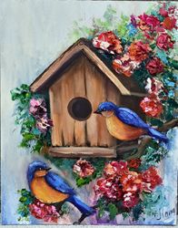 Family nest of birds in bright red colors. Oil painting