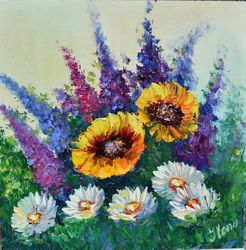 sunflowers and wildflowers, floral landscape. oil painting. a bright painting with a sunny landscape