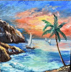 Seascape with sailboats at sea Oil painting. Painting as a gift Bright painting with a sunny landscape