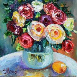 sunny bouquet of roses, oil still life Floral decor art for interior