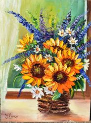 Oil painting with bright colors of wildflowers. Bouquet of sunflowers.