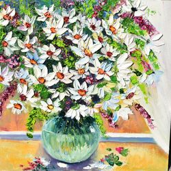 White daisies on the window Still Life in oil colors Oil painting. Flower painting