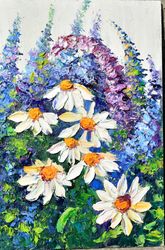 Field blue flowers and white daisies impasto oil painting
