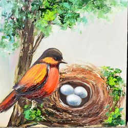 Spring landscape bird in a nest, oil painting