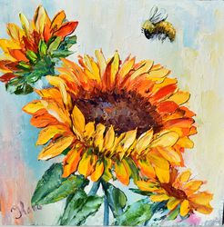 bee on a sunflower, landscape oil painting
