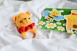Winnie the Pooh crochet rattle, baby bear handmade toy for newborn gift or mew mom gift