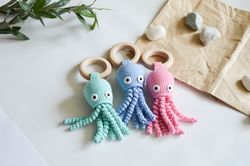 Octopus crochet rattle, sea creatures cotton baby rattle, premature baby, new mom gift