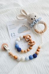 Beige crochet bunny gift set, crochet rabbit baby rattle for newborn boy