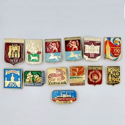 Vintage pin badge set Coats of arms of cities of the USSR 13 pieces Krasnoyarsk Souvenir Factory (KFS)