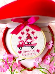GNOME SPECIAL DELIVERY Cross stitch pattern PDF by CrossStitchingForFun, Instant Download VALENTINES DAY CROSS STITCH