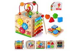 Wooden Activity Cube Baby Toys, 8-in-1 Montessori Educational Toy Set, Bead Maze