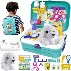 Vet Toy Pet Care Kit Role Play Set Grooming Feeding Dog Games Backpack Toys for Kids 3 4 5 Years Old Girls Boys