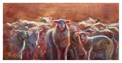 Sheep original small painting impressionism landscape farm flock of sheep