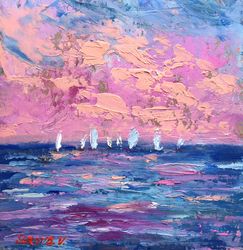 Original Seascape Oil Painting Sailing regatta Landscape Art Blue Sea sunset