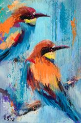 Framed Birds Original Painting Small Art Artwork Oil Paintings gift Gold Frame