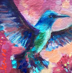 Framed Small Bird Painting Heart Frame Oil Birds Artwork Original hummingbird