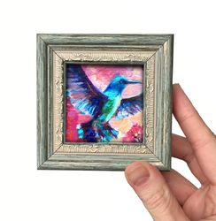Framed Bird Painting Green Frame Oil Birds Artwork Original hummingbird
