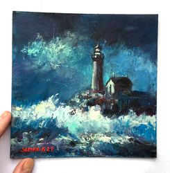 Original Seascape Oil Painting lighthouse Landscape Art Blue Sea sunset