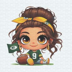 Cartoon Girl Football Fan Packers Brown Hair Brown Eyes PNG Sublimation Digital Design Download Dtf Print