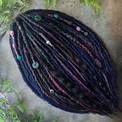 Dark blue magenta brown synthetic textured DE SE dreadlocks with ribbons, curly dreads and braids,gothic dread extension