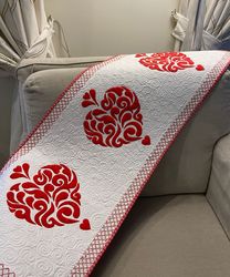White and Red Quilted Table Runner, Tablecloth with Hearts, Valentines Day Centerpiece, Sideboard, dresser Home Decor,