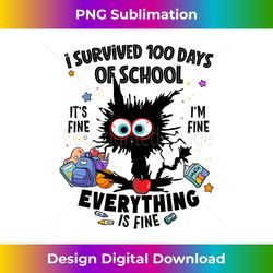 Funny Cat Survived 100 Days of School It's Fine I'm Fine Long Sleeve - Sleek Sublimation PNG Download - Infuse Everyday with a Celebratory Spirit