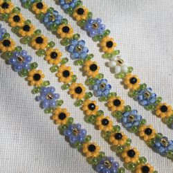 Set of two Purple Blue Friendship Flower Bracelets - Daisy and Sunflower Beaded Design - Floral Charm Jewelry bead set