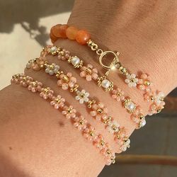Orange Flower Beaded Bracelet Set, Floral Bead Bracelets, Botanical Jewelry Set, Nature Inspired Gift, Bohemian Bracelet