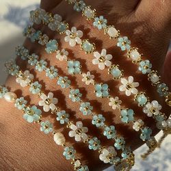 Shop Flower Bracelet Sets: Waterproof Blue Beads & Pearls, Beautiful jewelry, Custom Sizes-Delicate & Elegant Designs