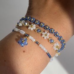 beauty blue beaded bracelet sets - dainty floral handmade bracelet, flower bracelets for summer, daisy cute jewelry