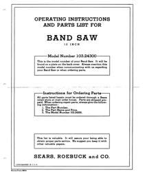 SEARS band saw 12 inch operating instructions manual 103.24300 PDF