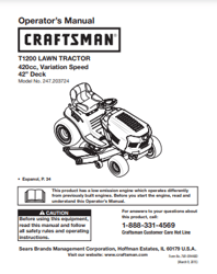 1200 Lawn Tractor Operator's Maintenance Manual Craftsman T1200 247.203724 PDF