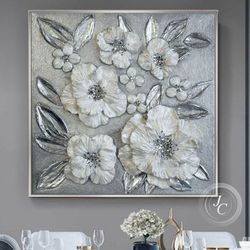White Pearl Poppies Flower Textured artwork | Silver Sparkling Original Painting Floral Art with Crystal